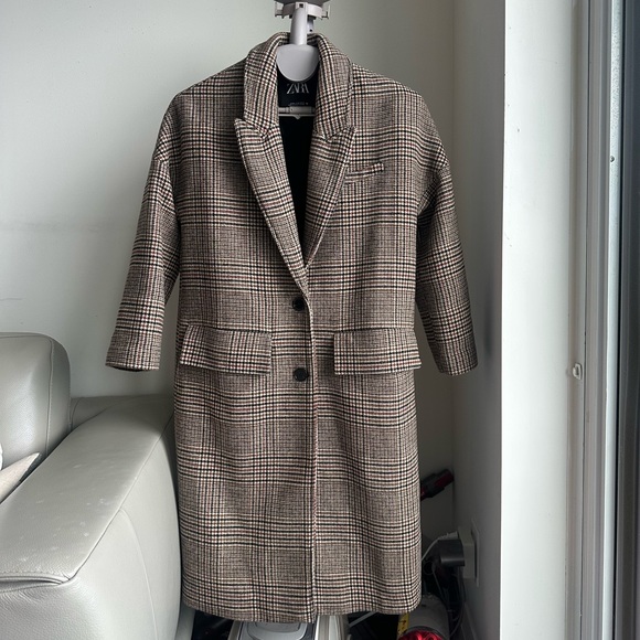 Zara oversized long camel wool checked coat size XS - Picture 2 of 11